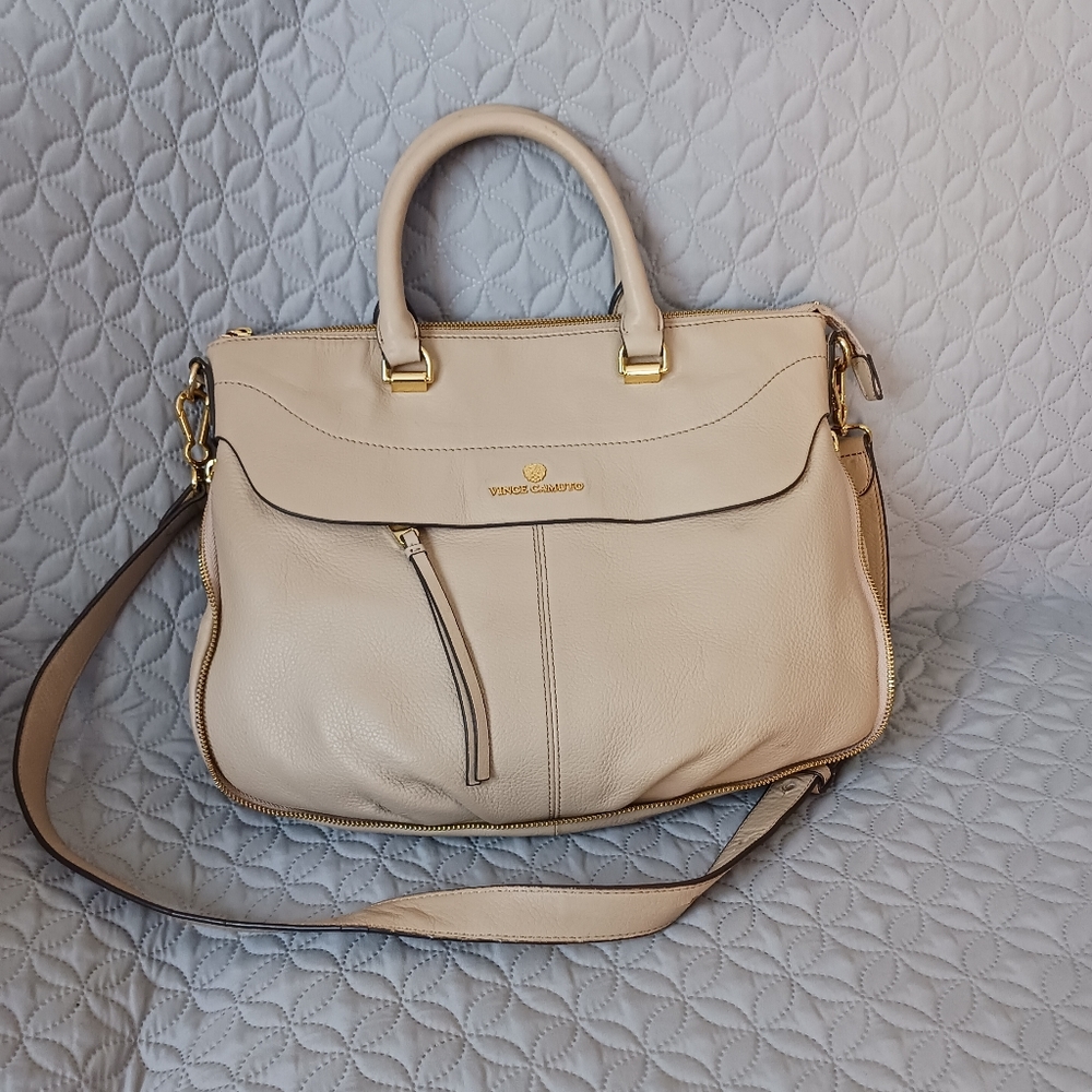 Vince Camuto Beige Leather Satchel with Gold Hardware